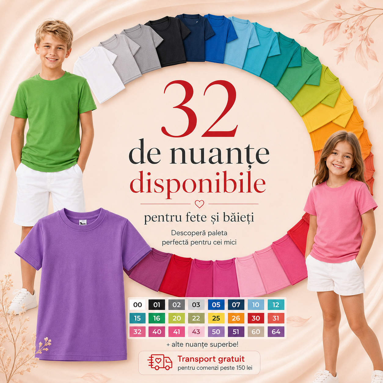 Tricou copii 100% bumbac &icirc;n 32 de nuanțe, potrivit pentru fete și băieți